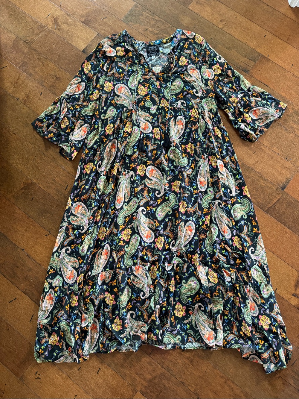 Johnny Was Jade Paisley Tiered Dress in Black with Green & Orange | Size XL